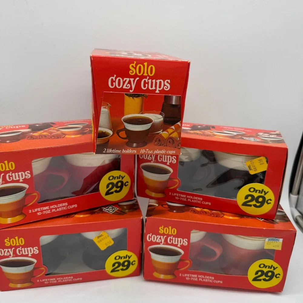 Vintage Solo Cozy Cups Lot of 5 Boxes New Old Stock 1970s MCM Red Black Plastic